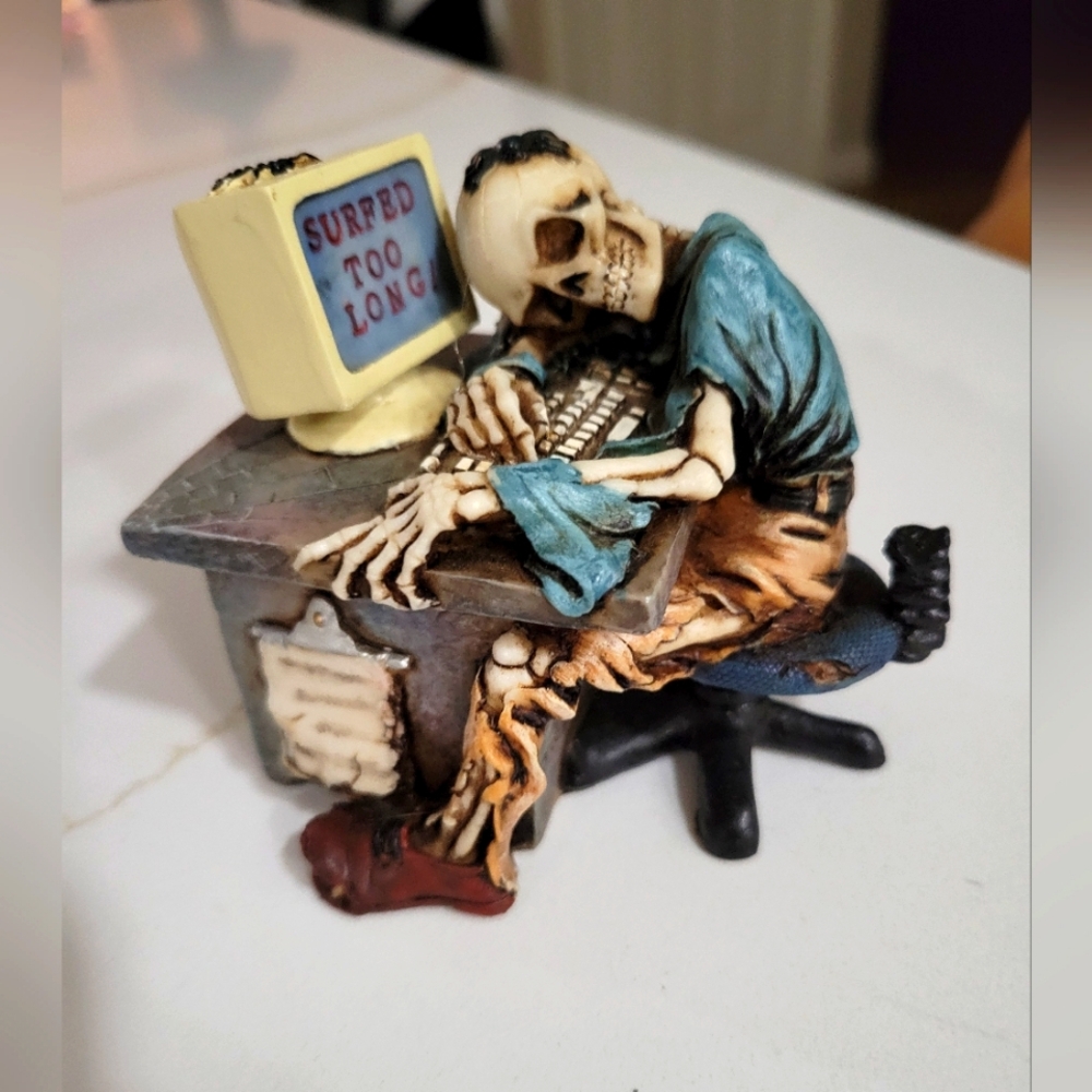 DIE HARD SURFER Skeleton at Computer Desk Figurine SURFED TOO LONG Blue Shirt